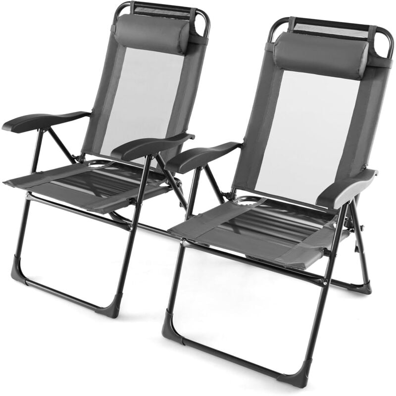 COSTWAY Lot de 2 Chaises de Jardin Pliantes, Chaise Inclinable de Terrasse avec Dossier Réglable à 7 Niveaux et Appui-Tête Amovible, Fauteuil