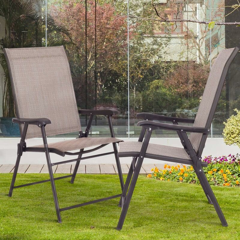 Lot de 2 Chaises de Jardin Pliantes et Portables avec Accoudoirs, Siège en Textilène Respirante Confortable, Cadre en Acier pour Jardin, Terrasse ou