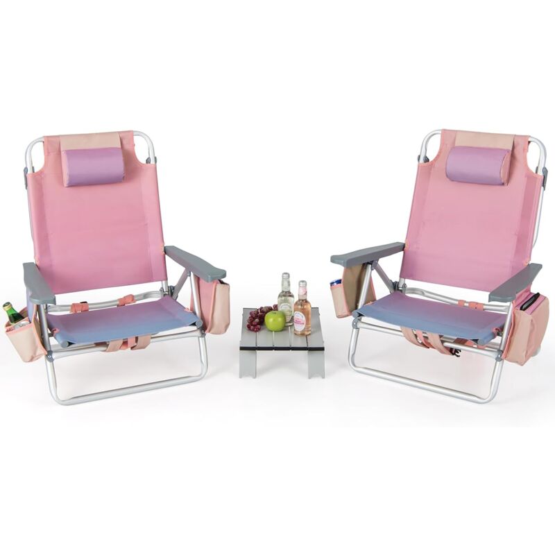 Lot de 2 Chaises de Plage Pliante avec Table Enroulable en Aluminium, Fauteuil de Jardin Inclinables à 5 Positions Charge Max 136 kg, pour Randonnée
