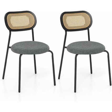Costway – Lot de 2 chaises de salle à manger en rotin – Siège rond rembourré en lin – Dossier en canne tissé – Hauteur d'assise 46 cm – Pieds en métal noir