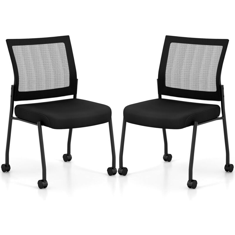 COSTWAY Lot de 2 Chaises de Salles de Réunion Empilables, Chaises de Bureau en Maille avec roulettes, Fauteuil de Réception Rembourré pour Bureau,