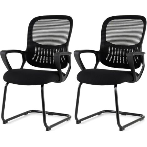 COSTWAY Lot de 2 Chaises d'Invité de Bureau, Fauteuils Salle d'Attente avec Dossier, Panier de Rangement, Accoudoirs Intégrés, Chaises de Salle de Conférence, Noir
