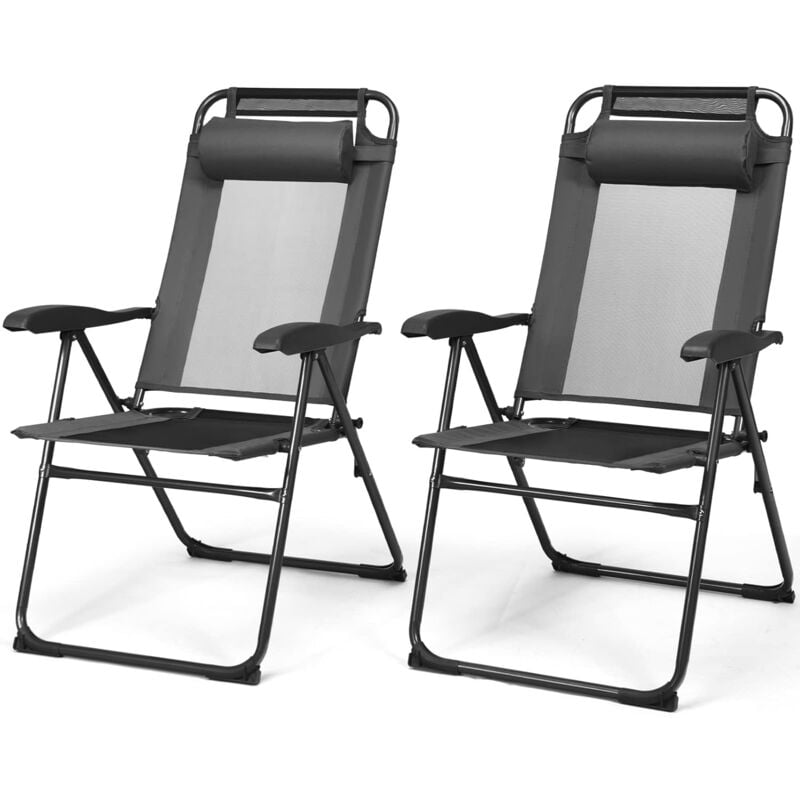 Lot de 2 Chaises Longues Pliante en Tissu Oxford avec Appuie-Tête Chaise de Jardin Inclinable Réglables sur 7 Positions Gris - Costway