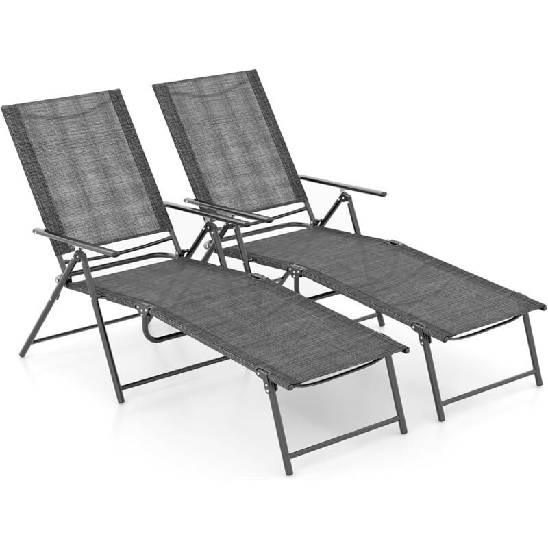 Costway - Lot de 2 Chaises Longues Pliantes, Bain de Soleil en Cadre Métallique, Chaise Longue d'Extérieur avec Dossier Réglable à 6 Positions,