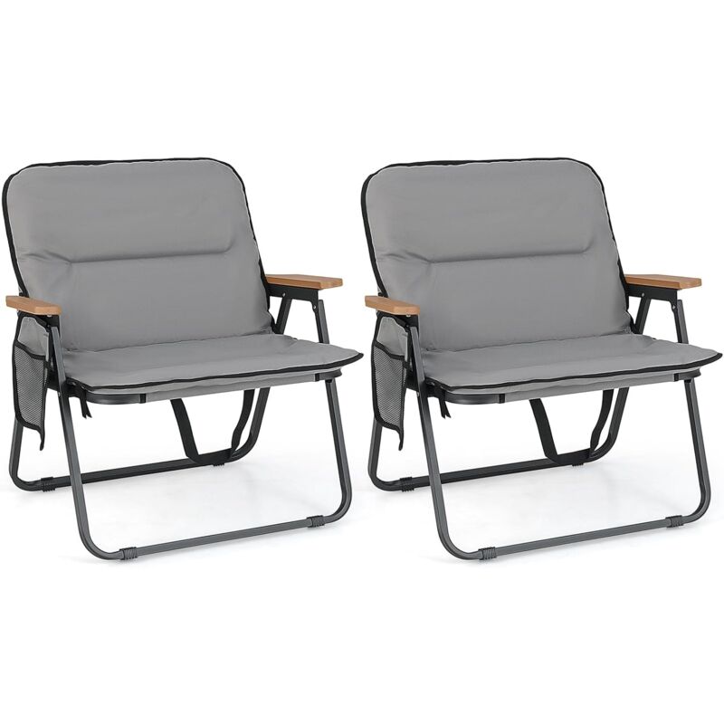 Lot de 2 Chaises Pliante Camping, Chaise de Jardin Exterieur, Coussin Amovible, Poche Latérale, Tissu Oxford, Fauteuil Pliante pour Jardin Piscine