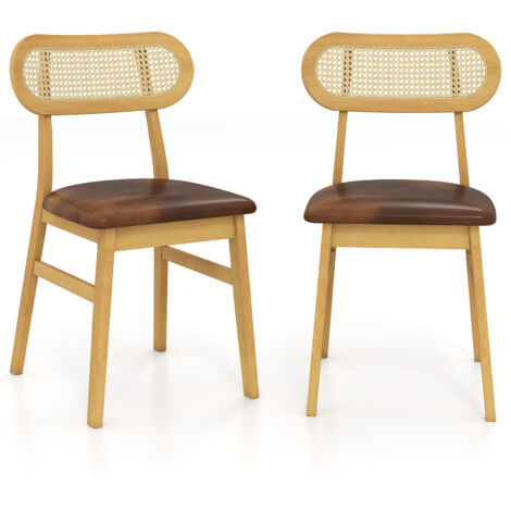 Costway – Lot de 2 chaises salle à manger en bois d'hévéa – Dossier en rotin tissé – Siège rembourré en similicuir imperméable – Style minimaliste