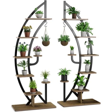 COSTWAY Lot de 2 Étagères à Fleurs en Métal à 7 Niveaux Porte Plantes en Forme de Demi-lune avec Dispositif Anti-renversement