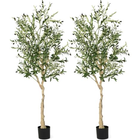 COSTWAY Lot de 2 Plantes Artificielles en Pot Hauteur 180CM, Olivier Artificiel 1296 Feuilles en Soie 72 Fruits avec Base de Ciment Décoration pour Maison Cour et Jardin