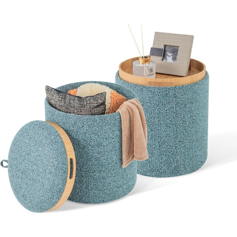 Lot de 2 Pouf Rangement, Tabouret Rangement avec Couvercle, Capacité 41L + 25L, Ottomans Ronds Rembourrés, Plateau Réversible, Repose-Pieds