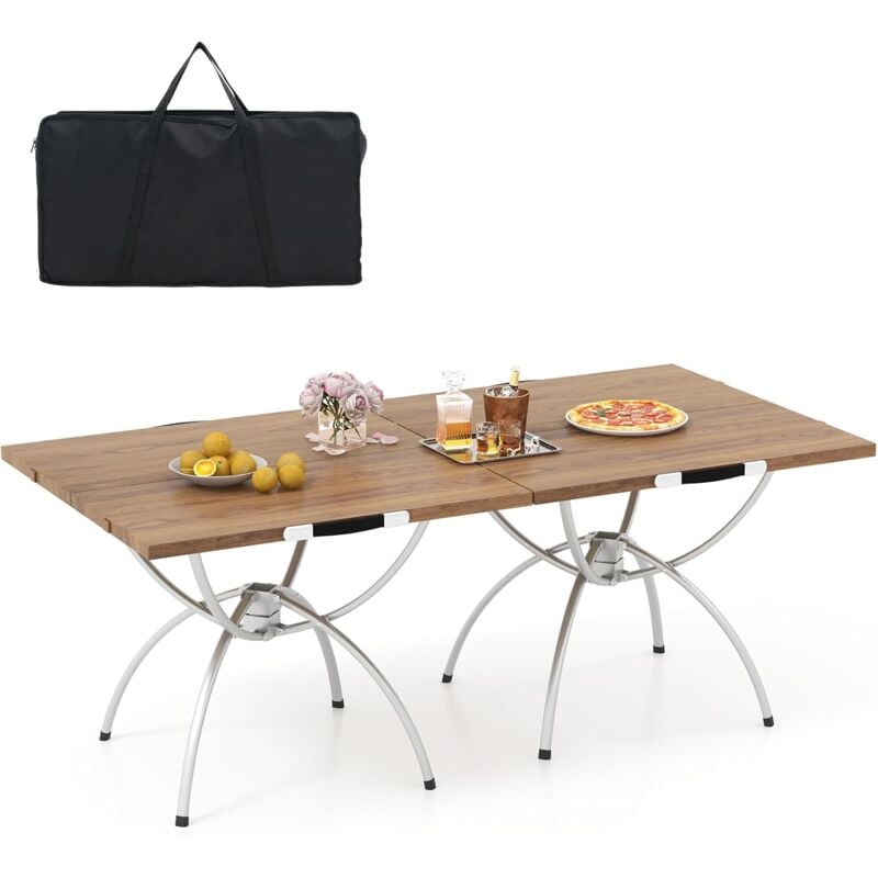 Costway - Lot de 2 Tables de Camping Pliantes avec Cadre en Aluminium, Table de Pique-Nique Extensible Portable avec Plateau à Imitation Bois Sac de