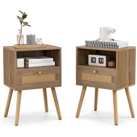 COSTWAY Lot de 2 Tables de Nuit en Rotin, Table de Chevet Bois avec Tiroir, 4 Pieds en Pin, Design Cannage, Compartiment Ouvert, Style Bohème, Table d'Appoint Scandinave pour Salon, Chambre