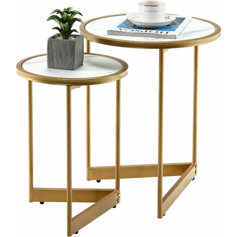 Costway – Lot de 2 tables gigognes rondes – Dessus en marbre blanc – Structure en acier doré – Base en forme de V – Tables d'appoint pour salon et chambre