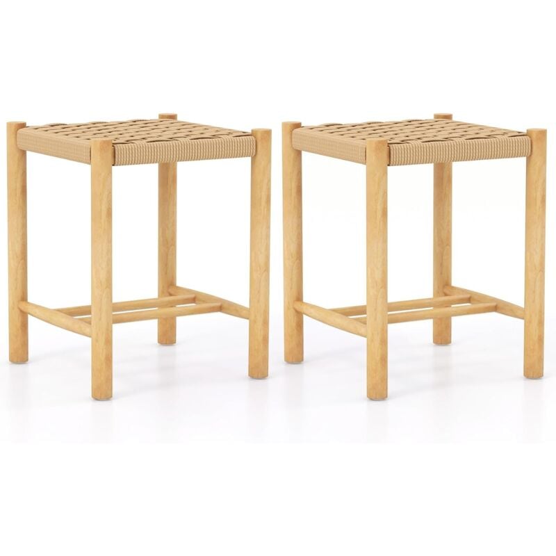 Costway - Lot de 2 Tabourets de Bar de 45 cm, Siège en Papier Tissé et Pieds en Bois d'Hévéa, Siège Confortable pour Cuisine, Salle à Manger, Jardin