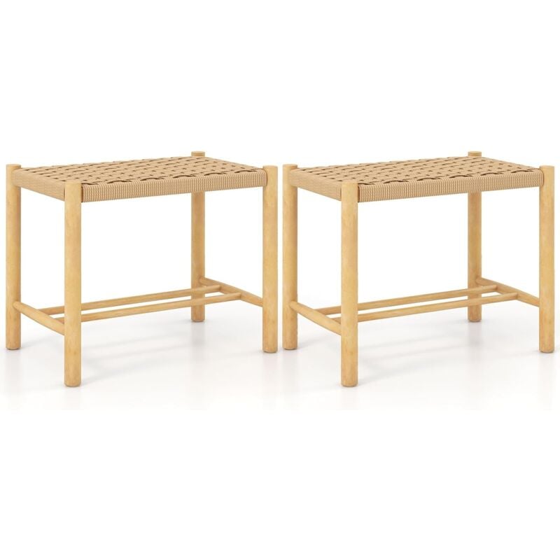 COSTWAY Lot de 2 Tabourets de Bar de 45 cm, Siège en Papier Tissé et Pieds en Bois d’Hévéa, Siège Confortable pour Cuisine, Salle à Manger, Jardin