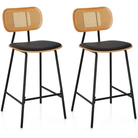 Costway – Lot de 2 tabourets de bar en métal – Siège en simili cuir – Hauteur d’assise 65,5 cm – Dossier en rotin ergonomique – Pour restaurant et bistro