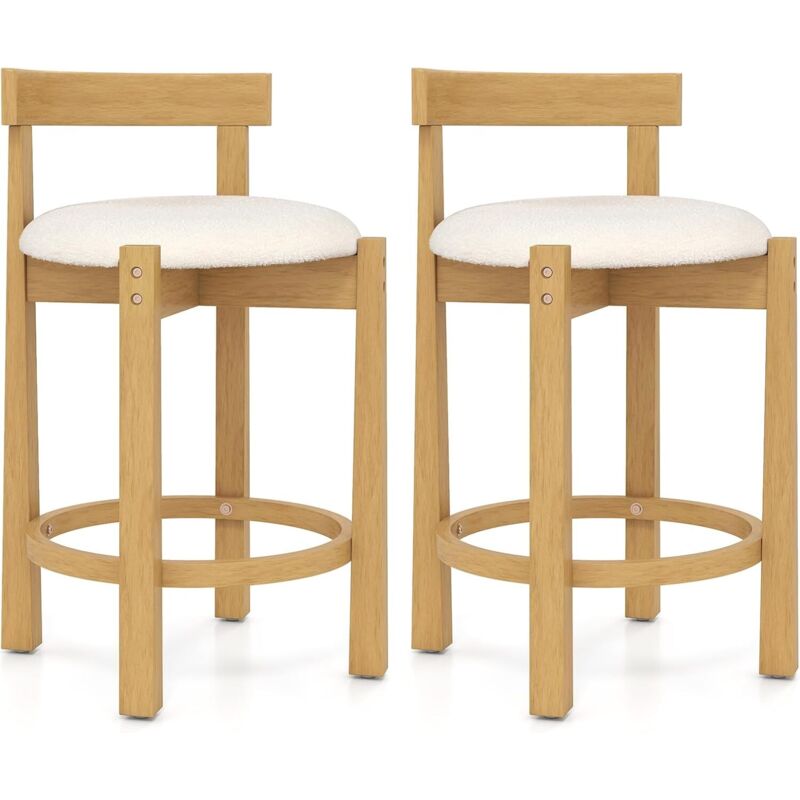 COSTWAY Lot de 2 Tabourets de Bar en Velours Teddy, Chaises de Bar Bois, Hauteur Comptoir, Dossiers, Repose-Pieds, Chaise Haute Bois pour Cuisine,