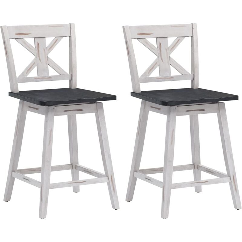 COSTWAY Lot de 2 Tabourets de Bar Siège Pivotant 360° avec Repose-Pieds Antidérapants en Bois d'Hévéa Vintage pour Maison Restaurant