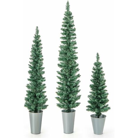 COSTWAY Lot de 3 Sapins de Noël Artificiels 90/120/150 cm, 120/140/160 Pointes de Branches, Bases Métalliques avec Ciment, Arbres d'Entrée en Pot, Décoration de Noël Intérieure, Arbres en Crayon Fin