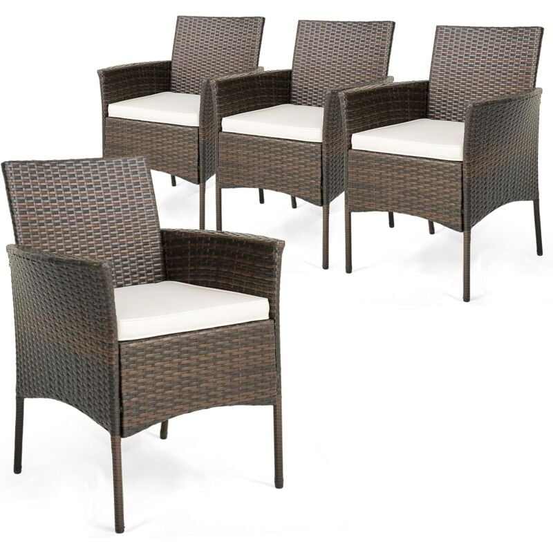 Lot de 4 Chaises de Jardin en Rotin pour l'Extérieur, Chaises de Salle à Manger avec Coussins Moelleux, Fauteuils de Patio avec Cadre Métallique