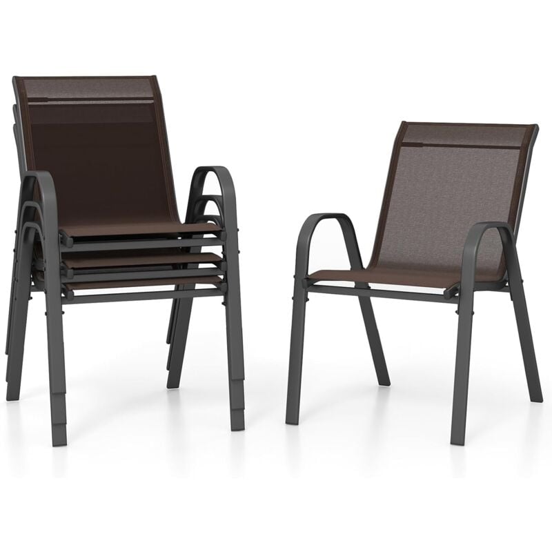 Lot de 4 Chaises de Jardin Exterieures avec Cadre en Métal, Chaise de Salle à Manger Empilable en Tissu Respirant, Fauteuil d'Extérieur pour Cour,