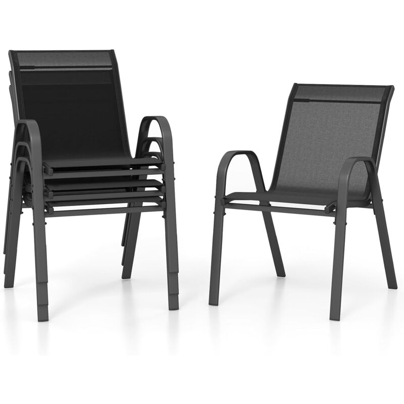 Lot de 4 Chaises de Jardin Exterieures avec Cadre en Métal, Chaise de Salle à Manger Empilable en Tissu Respirant, Fauteuil d'Extérieur pour Cour,