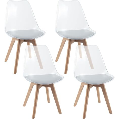 COSTWAY Lot de 4 Chaises de Salle à Manger Scandinave, Chaise Cuisine Transparente, Pieds Inclinés en Bois de Hêtre, Siège Rembourré en Simili Cuir, pour Cuisine, Salon (Blanc Transparent)