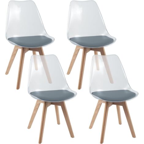 COSTWAY Lot de 4 Chaises de Salle à Manger Scandinave, Chaise Cuisine Transparente, Pieds Inclinés en Bois de Hêtre, Siège Rembourré en Simili Cuir, pour Cuisine, Salon (Gris Transparent)