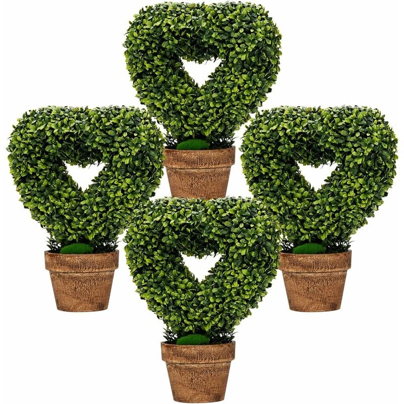 Costway - Lot de 4 Mini Plantes Artificielles en Pot Écologiques Réalistes Interieur, Fausses Plantes en Forme de Cœur Vertes Mousses et Herbes,