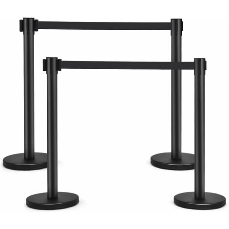 Costway – Lot de 4 poteaux de guidage avec sangles rétractables 2m – Acier inoxydable noir mat – Coussinets en caoutchouc pour sol – Pour régulation de foule