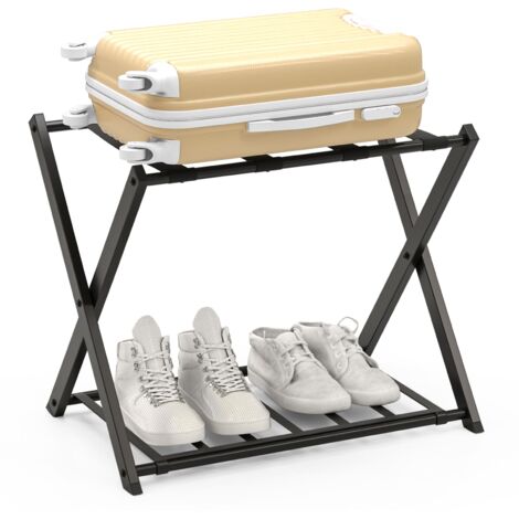 COSTWAY Luggage Rack Folding Suitcase Stand with Storage Shelf-Black