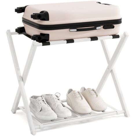 COSTWAY Luggage Rack Folding Suitcase Stand with Storage Shelf-White