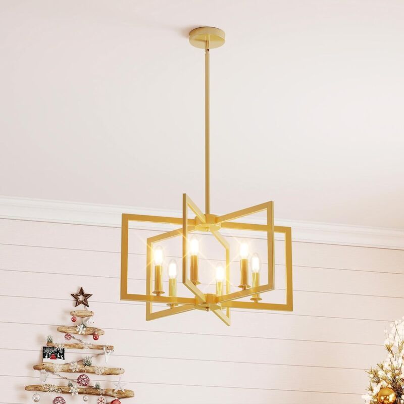 COSTWAY Lustre à 6 Lumières, Suspension Luminaire Géométrique, Hauteur Réglable, Ampoule E14, Lustre pour Salon Cuisine Salle à Manger (Or)