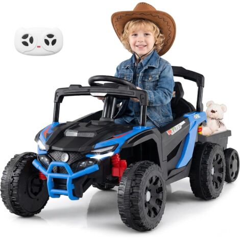 COSTWAY Macchina Elettrica per Bambini UTV con Rimorchio Staccabile, 12V Trattore con Telecomando, Sospensioni a Molla, Luci e Musica, Veicolo Elettrico per Bambini 3+ Anni (Blu)