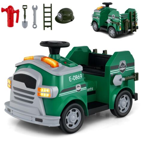 COSTWAY Macchina Elettrico per Bambini 12V, Auto Cavalcabile con Pala, Estintore, Scala, Casco di Sicurezza, 4 Ruote, Sirena e Clacson, Camion Realistico dei Pompieri per Bambini 3-8 Anni (Verde)