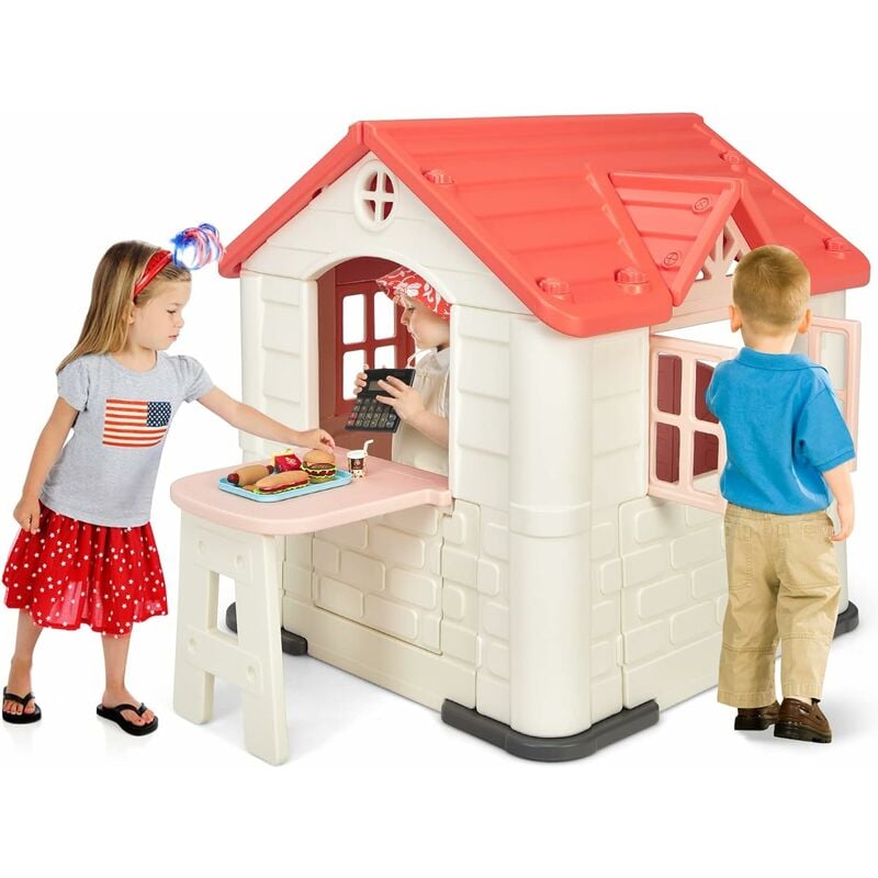 Cabane de Jardin pour Enfant - Table de Pique Nique, Maison Enfant Exterieur -Thème Burger Bar - en Plastique 164x124x132 cm Rose - Costway