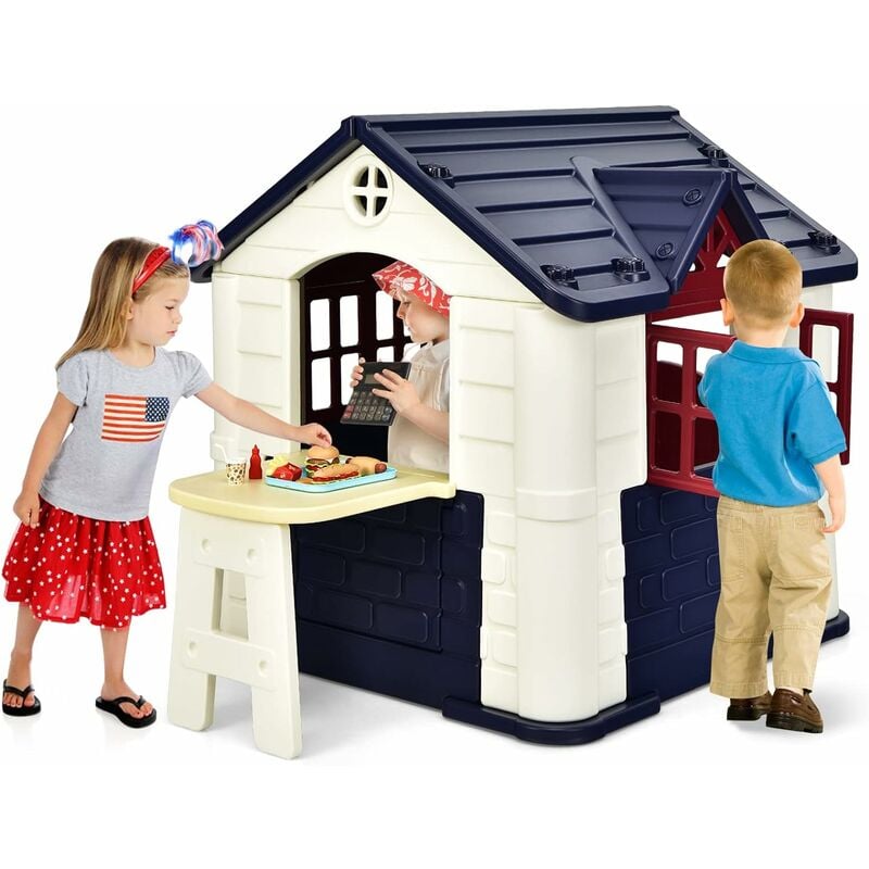 Costway - Cabane de Jardin pour Enfant - Table de Pique Nique, Maison Enfant Exterieur -Thème Burger Bar - en Plastique 164x124x132 cm Bleu