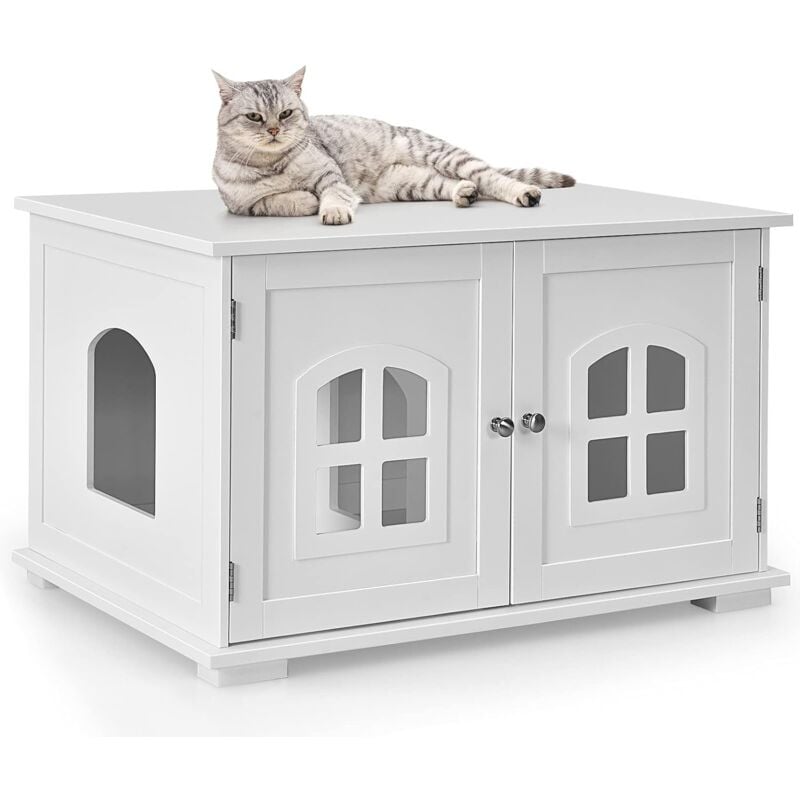 Maison de Toilette pour Chat avec Double Portes Fenêtres Entrée Latérale en Option Ventilée avec Couchage en Bois Blanc - Costway