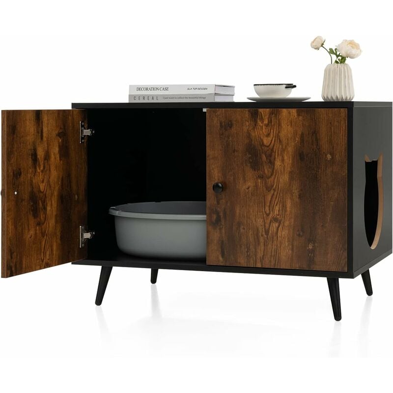 Maison de Toilette pour Chat à Double Portes, Meuble Cache Litiere Chat Industriel en Bois avec 4 Pieds en Métal Détachable, Meuble pour Chat 2