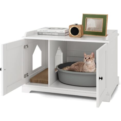 COSTWAY Maison de Toilettes pour Chat à Double Porte, Meuble à Litière en Bois pour Chat avec Griffoir, Toilettes Cachées pour Chat avec Séparateur Réglable et Entrée Latérale, 75x51x53 CM, Blanc