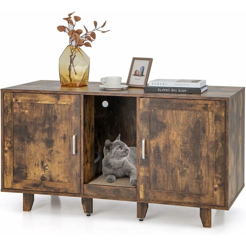Maison de Toilettes pour Chat à Double Portes, Meuble à Litière en Bois pour Chat avec Griffoir, Meuble tv pour Litière Cachée de Chat, avec Pieds