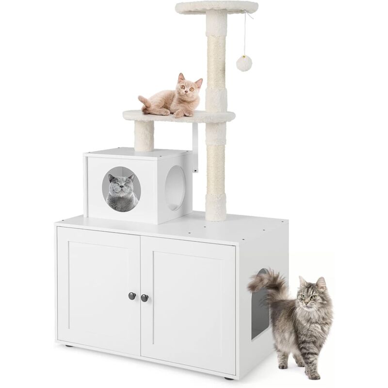 Maison de Toilettes pour Chat avec Condo et Poteaux en Sisal, Arbre à Chat avec Toilettes Cachées et Dispositif Anti-Renversement, Meuble à Litière