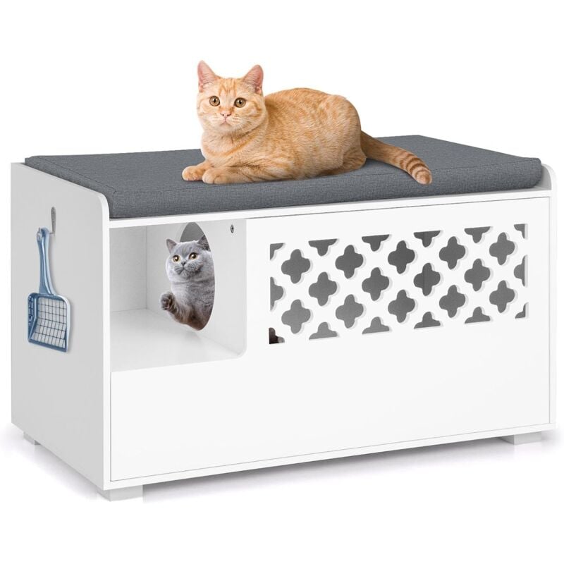 Maison de Toilettes pour Chat avec Coussin Amovible, Meuble à Litière en Bois pour Chat avec Crochet Latéral, Banc de Rangement pour Litière Cachée,