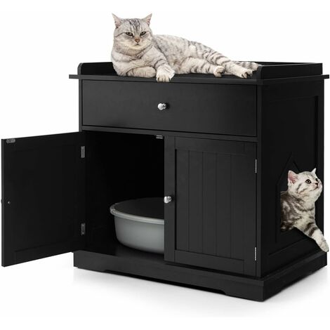 Costway – Maison de toilettes pour chat en bois avec tiroir et plateau supérieur – Dimensions 76x53x73,5cm – Entrée latérale – Table d'appoint noire