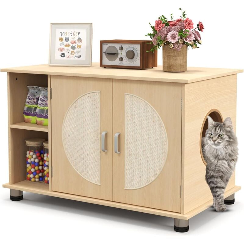 Maison de Toilettes pour Chat, Meuble à Litière en Bois pour Chat avec Porte à Gratter en Sisal, Meuble tv pour Litière Cachée de Chat avec Pied