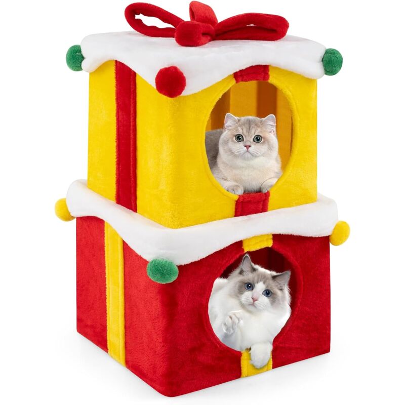 Costway - Maison pour Chat de Noël à 2 Etages, Niche pour Chat Intérieur, 2 Condos Empilables en Forme de Boîte Cadeau, Tour pour Chat, Nœud Rouge,