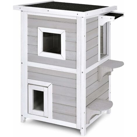 COSTWAY Maison pour Chat en Bois à 2 Niveaux avec Panneau Amovible Toit Incliné et Imperméable avec Asphalte 2 Plateformes de Saut