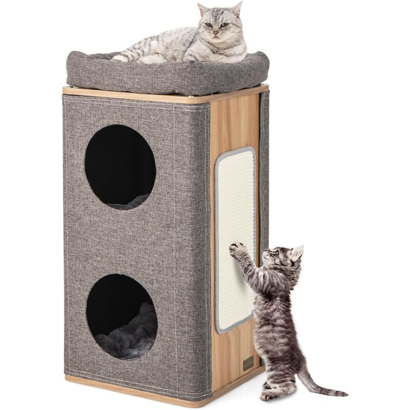 Costway - Maison pour Chat en Bois à 3 Étages, Niche pour Chats avec Griffoir, 2 Condos et Perchoir Supérieur, Meuble en Forme de Tonneau pour Chats