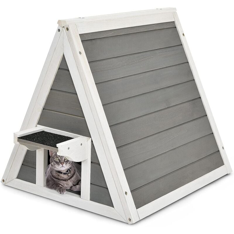 Maison pour Chat en Bois avec Toit Triangulaire Marches de Saut 50 x 55 x 52 cm Intérieur/Extérieur pour Chatons,Chiens - Costway