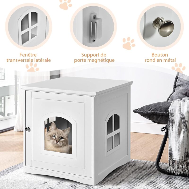 COSTWAY Maison pour Chat en Bois Bac de Litière pour Chat avec Porte Magnétique Fenêtre en Croix 49 x 53 x 53 cm Blanc Charge 20kg Blanc