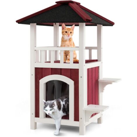 Costway – Maisonnette pour chat en bois de sapin – Toit bitumé incliné et pieds surélevés – Balcon spacieux et rideau de pluie – Rouge et blanc